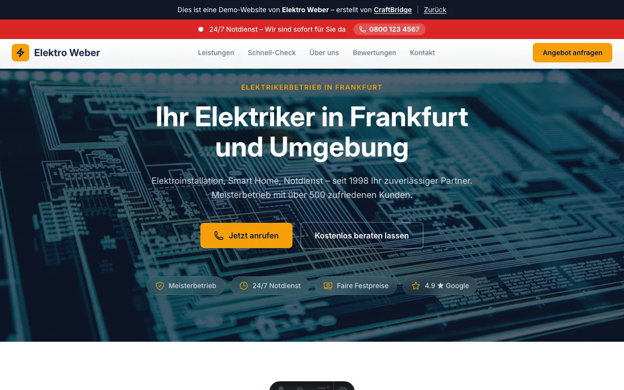 Vorschau: Website für Elektrikerbetrieb Elektro Weber – in Entwicklung bei CraftBridge