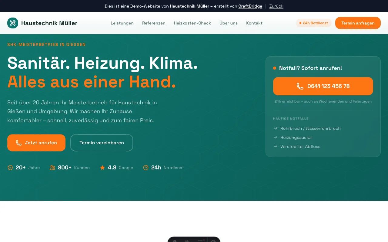Vorschau: Website für SHK-Betrieb Haustechnik Müller – in Entwicklung bei CraftBridge